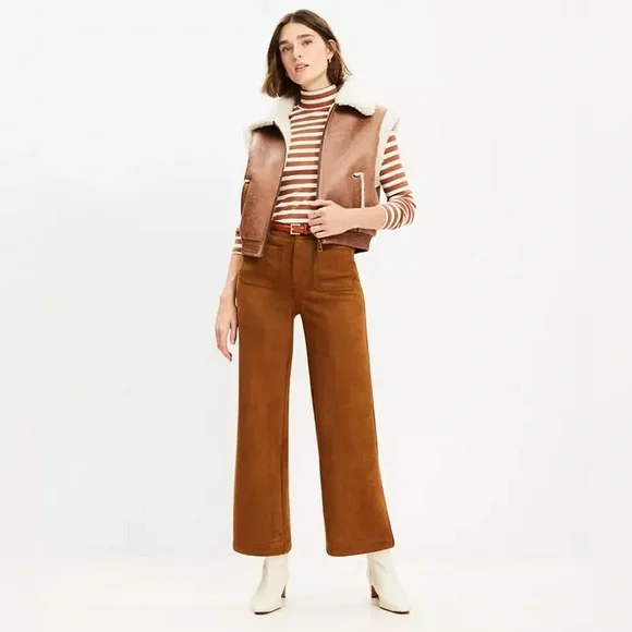 LOFT The Palmer Wide Leg Faux Suede Cropped Pants – Women’s 6P – Brown - Picture 2 of 6
